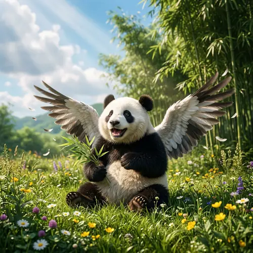 Fluffy Black and White Panda with Wings in Grass Meadow