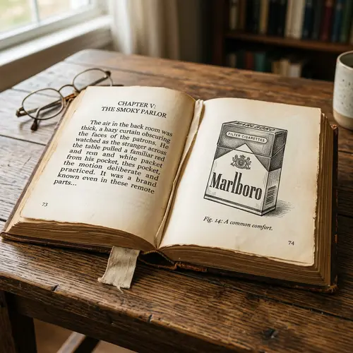 Vintage Book Open on Wooden Table with Marlboro Illustration