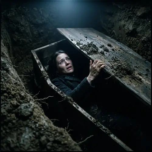Distressing Scene of Woman Trapped in Coffin