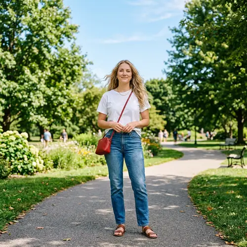 Caucasian Woman Enjoying Serene Park Moment | Blue Jeans & White Shirt