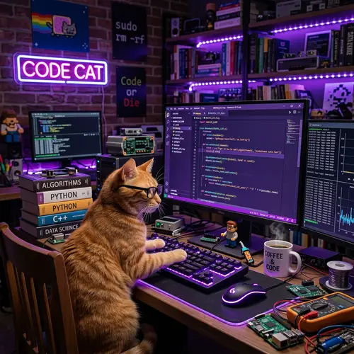 Nerdy Cat Coding in a Purple Themed World