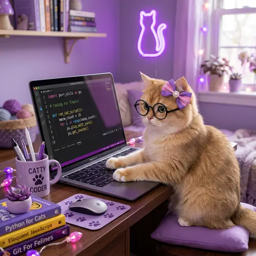 Nerdy Cat Coding on Apple Laptop