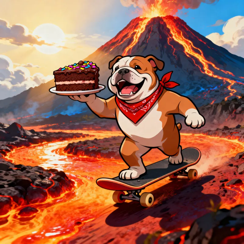 Playful Bulldog Skateboarding Over Lava Volcano