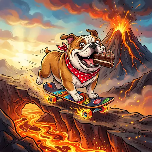Playful Bulldog Skateboarding Over Lava Volcano