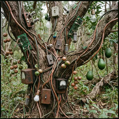 Tree Stem with Electrical Equipment and Macadamia Nuts & Avocados