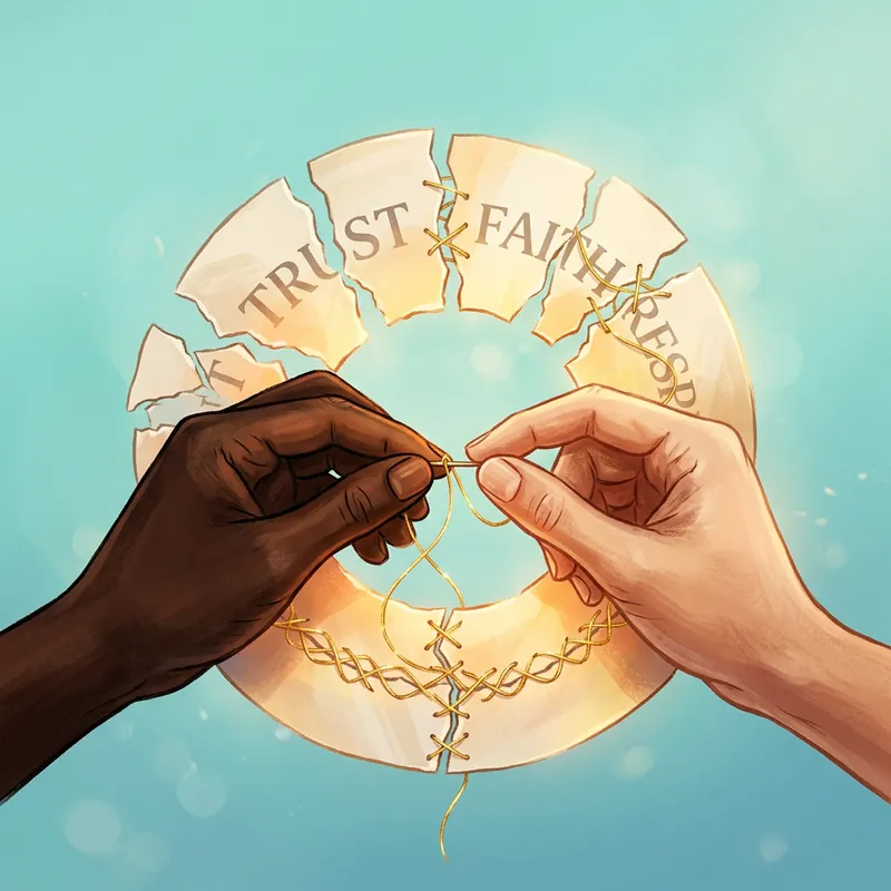 Rebuilding Trust: Abstract Illustration with Diverse Hands & Gold Thread Rebuilding Trust: Abstract Illustration with Diverse Hands & Gold Thread