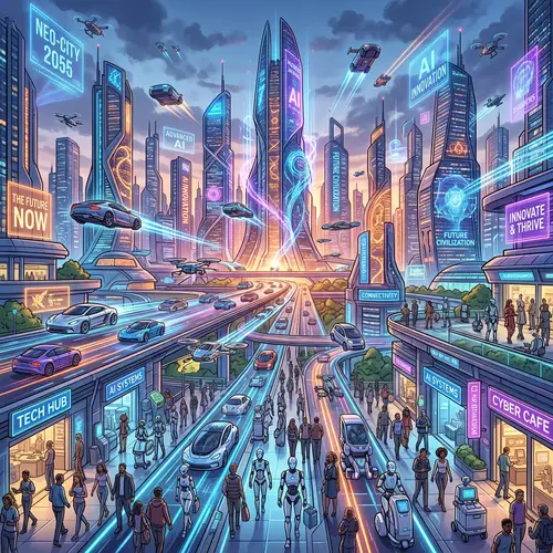Futuristic Cityscape: AI Innovation, Neon Lights, Skyscrapers
