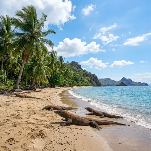 Tropical Scene of Komodo Island: Lush Palm Trees & Azure Ocean Views