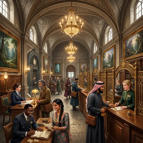 Magical European Bank Interior with Diverse Interaction