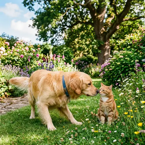 Golden Retriever and Ginger Cat: Serene Garden Encounter