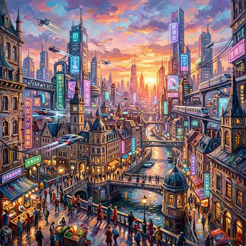 Futuristic Cityscape at Sunset: Cyberpunk Beauty & Dynamic Energy