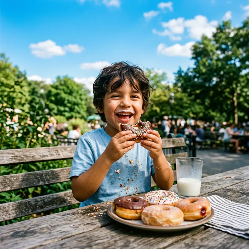 Boy Eating Donuts Outdoors