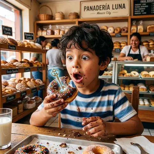 Young Hispanic Boy Surprised by Magical Key in Donut