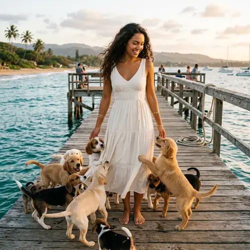 Naturally Beautiful Woman on Pier with Puppies