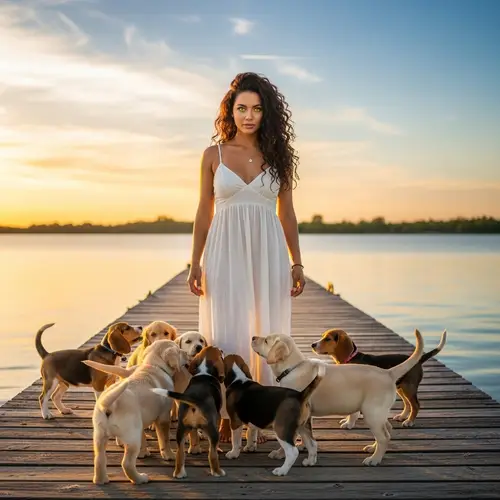 Naturally Beautiful Woman on Pier with Puppies