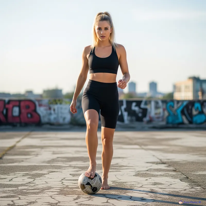 Blond Woman Stepping on Ball in Sports Attire
