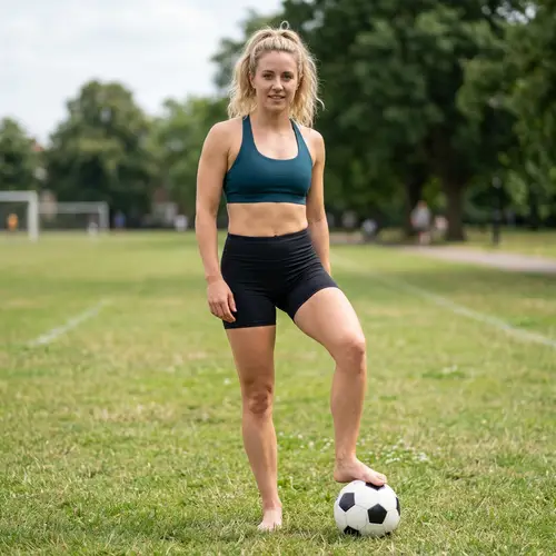 Blond Woman Stepping on Ball in Sports Attire