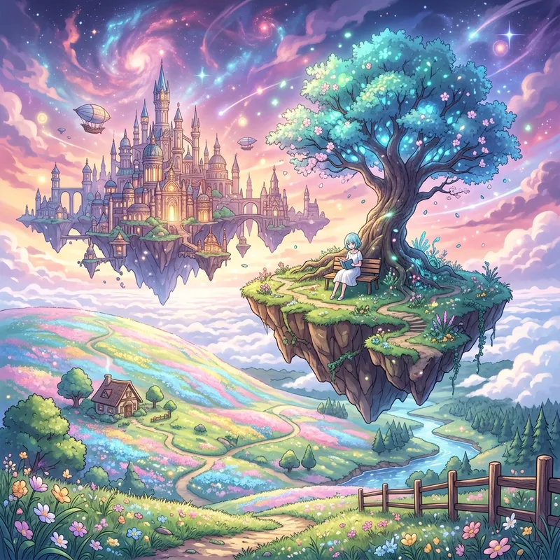 Dreamy Anime Scenery: Tree on Floating Island Dreamy Anime Scenery: Tree on Floating Island