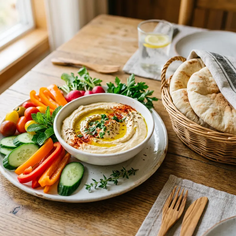 Creamy Hummus on White Plate with Fresh Vegetables & Pita