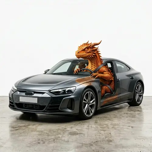 Expressive Orange Dragon Behind the Wheel of a Contemporary Car
