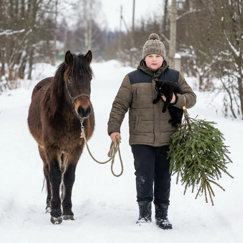 Overweight Teen Leading Horse in Snow with Black Cat and Fir Tree
