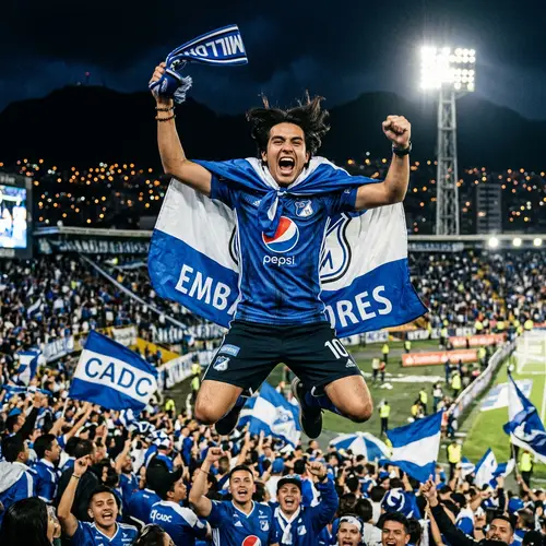 Excited Millonarios Football Fan Jumping in Bogotá