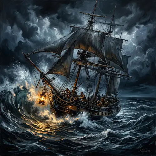 Stormy Sea Night Scene | Vintage Sailing Ship Drama