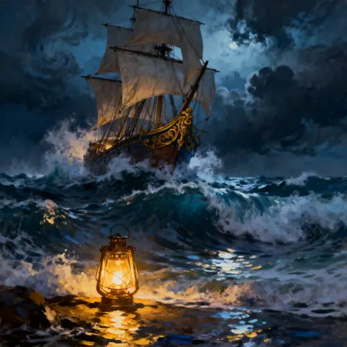 Stormy Sea Night Scene | Vintage Sailing Ship Drama