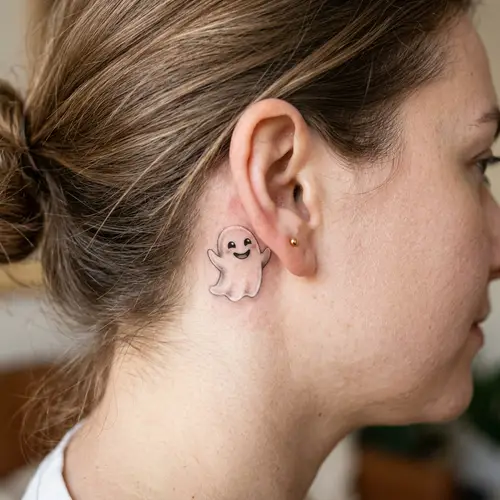 Whimsical Ghost Tattoo for Behind the Ear