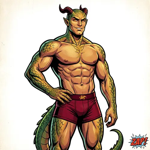 Male Dragon Demi-Human in Boxers: Vibrant Illustration