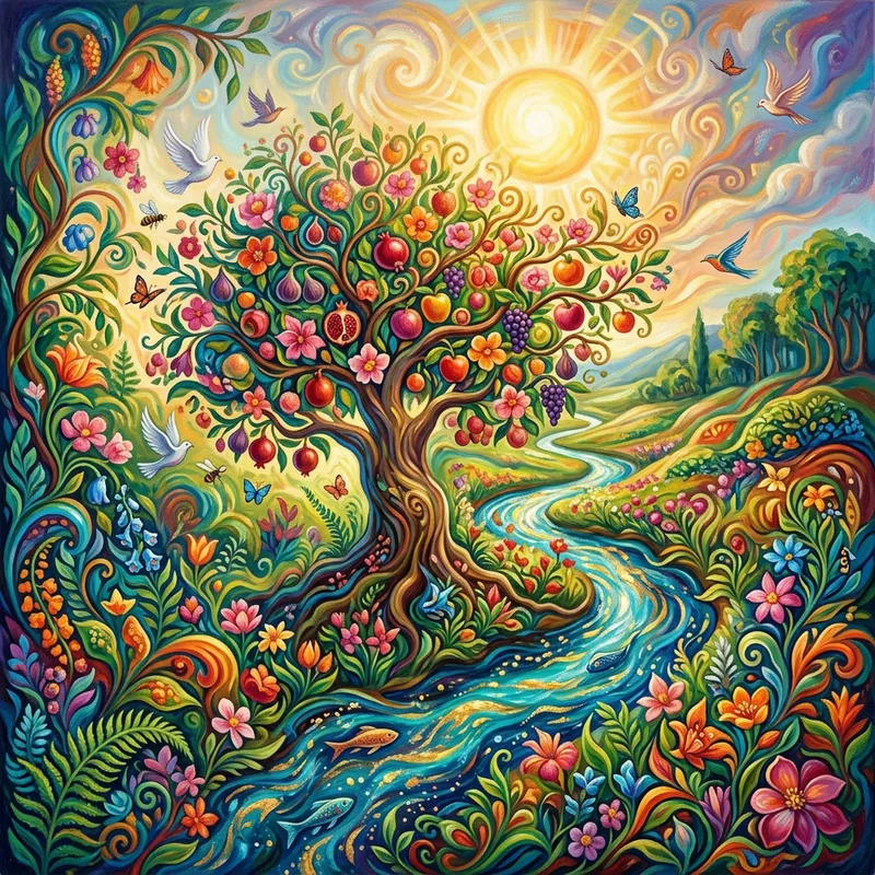 Abstract Fertility: Vibrant Garden, Fruit Tree & Flowing Stream