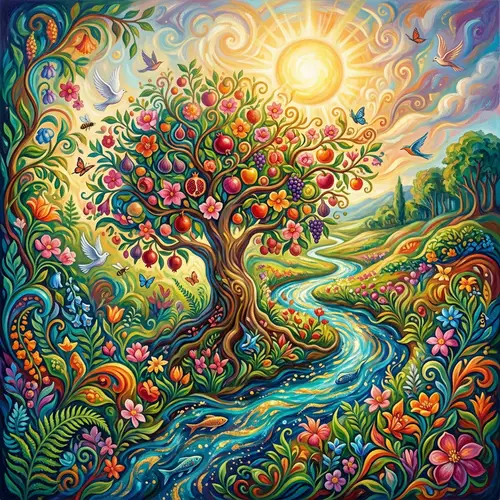 Symbolic Fertility Scene: Lush Garden, Fruit Tree, Flowing Stream