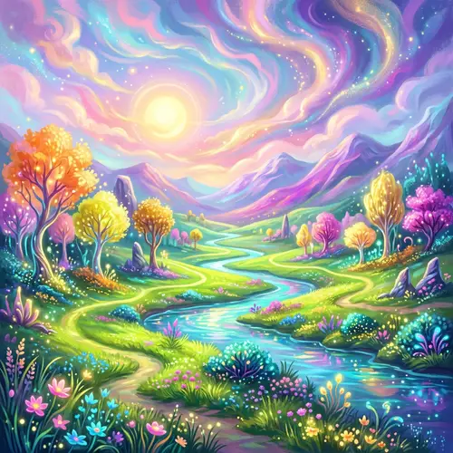 Ethereal Landscape Painting: Vibrant Fantasy World in Pastel Colors