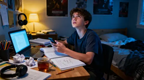 Teenage Procrastination at Night: A Hyperrealistic Scene