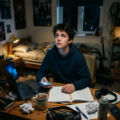 Teenage Procrastination at Night: A Hyperrealistic Scene