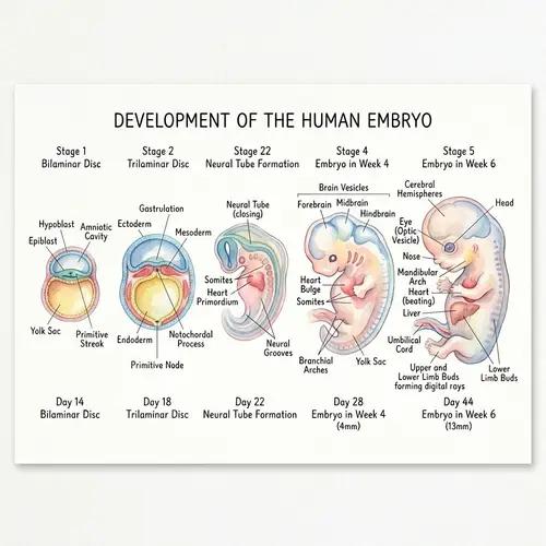 Human Embryo Developmental Stages Illustrated in Watercolor