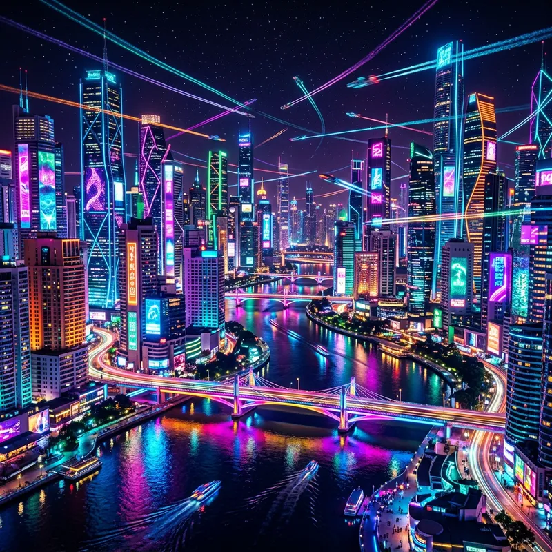 Psychedelic Neon Cityscape: Vibrant Visual Spectacle