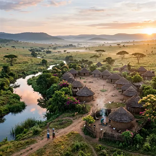 Serene African Village Panorama | Morning Charm