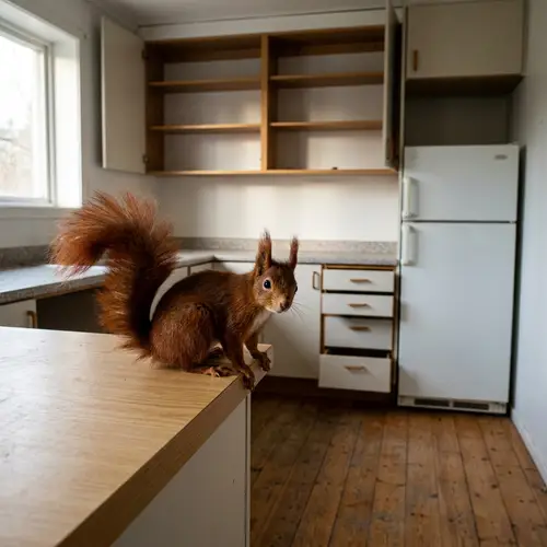 Solitary Red Squirrel in Empty Kitchen | Desolate Scene