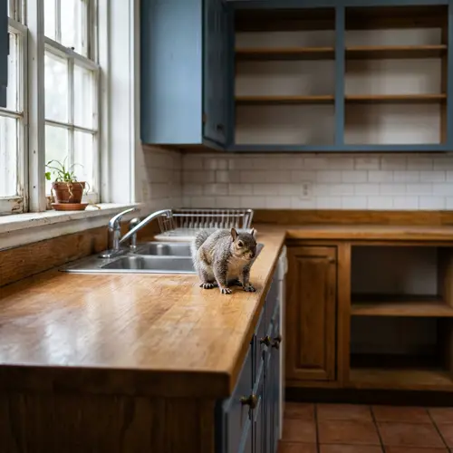 Solitary Squirrel in an Unoccupied Kitchen