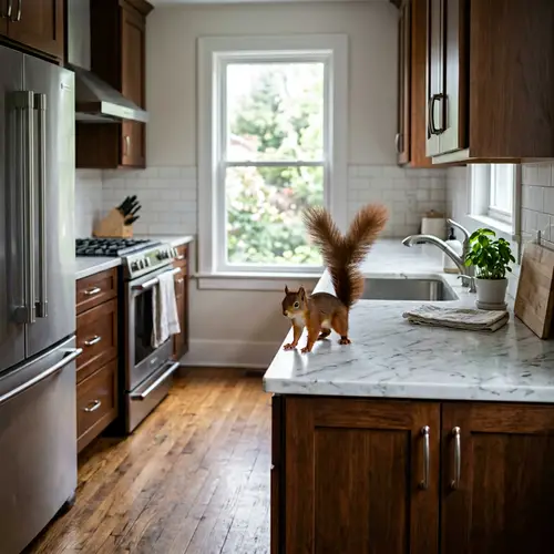 Vacant Kitchen with Solitary Visitor | Unique Red Squirrel