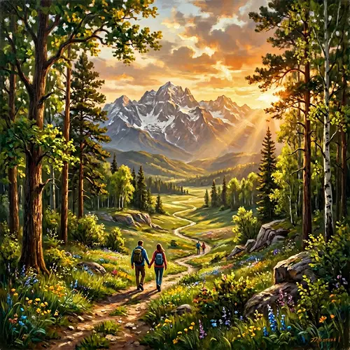 Romantic Oil Painting: Lovers Hiking in Spring