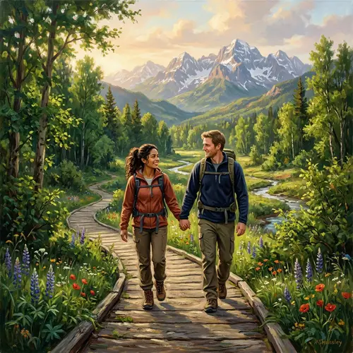 Lovers Hiking in a Dreamy Valley - Oil Painting