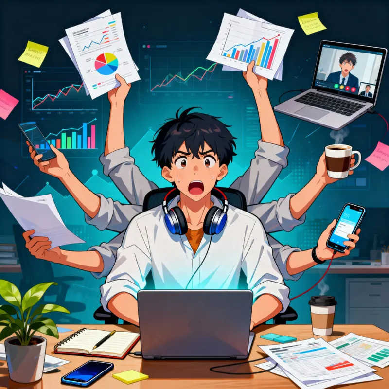 Overwhelmed Man Multitasking - Anime Illustration
