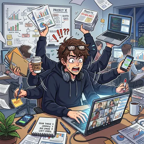 Overwhelmed Man Multitasking - Anime Illustration