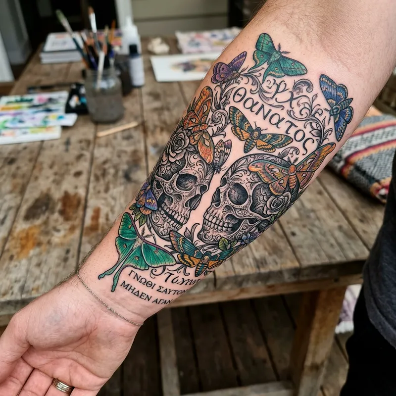 Stunning Forearm Tattoo with Moths and Skulls