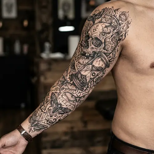 Enigmatic Arm Tattoo: Entropy & Mortality Symbols