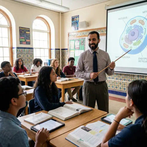 Middle-Eastern Male Teacher Explains Cell Components in Classroom Setting