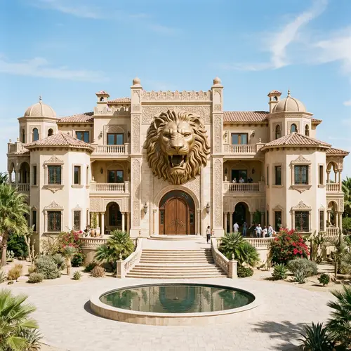 Ornate Mansion with Sculpted Lion Head Facade
