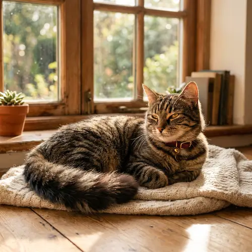 Fluffy Tabby Cat Enjoying Sunlight - Tranquil Scene